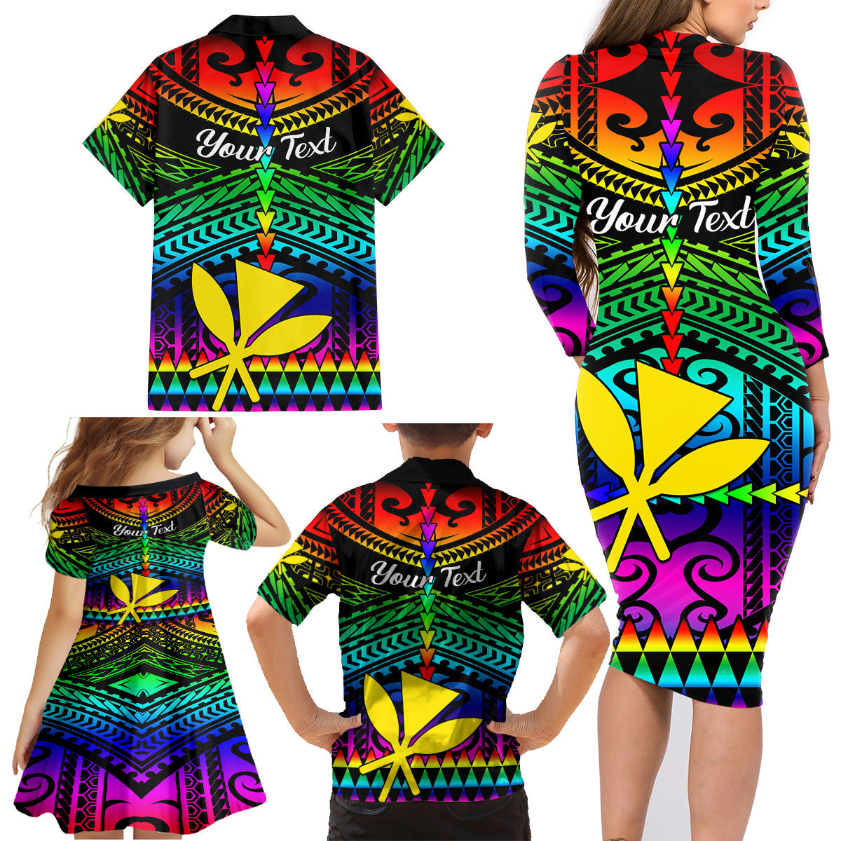 Personalised Hawaii Family Matching Long Sleeve Bodycon Dress and Hawaiian Shirt Kanaka Maoli Kakau 2023 National Coming Out Day - Wonder Print Shop