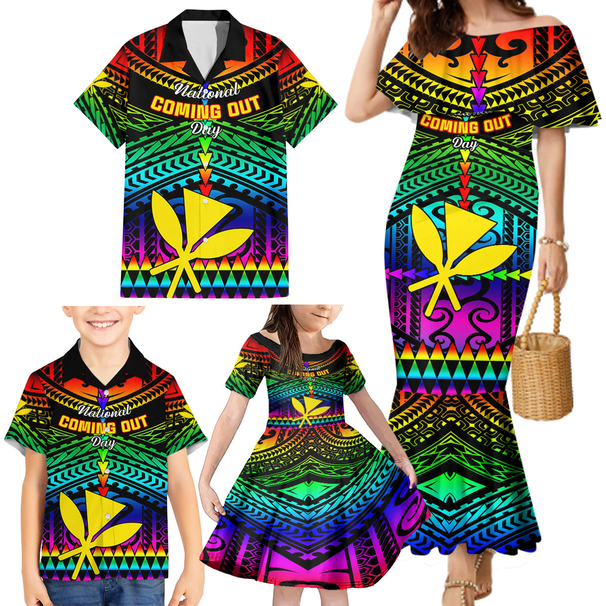 Personalised Hawaii Family Matching Mermaid Dress and Hawaiian Shirt Kanaka Maoli Kakau 2023 National Coming Out Day - Wonder Print Shop