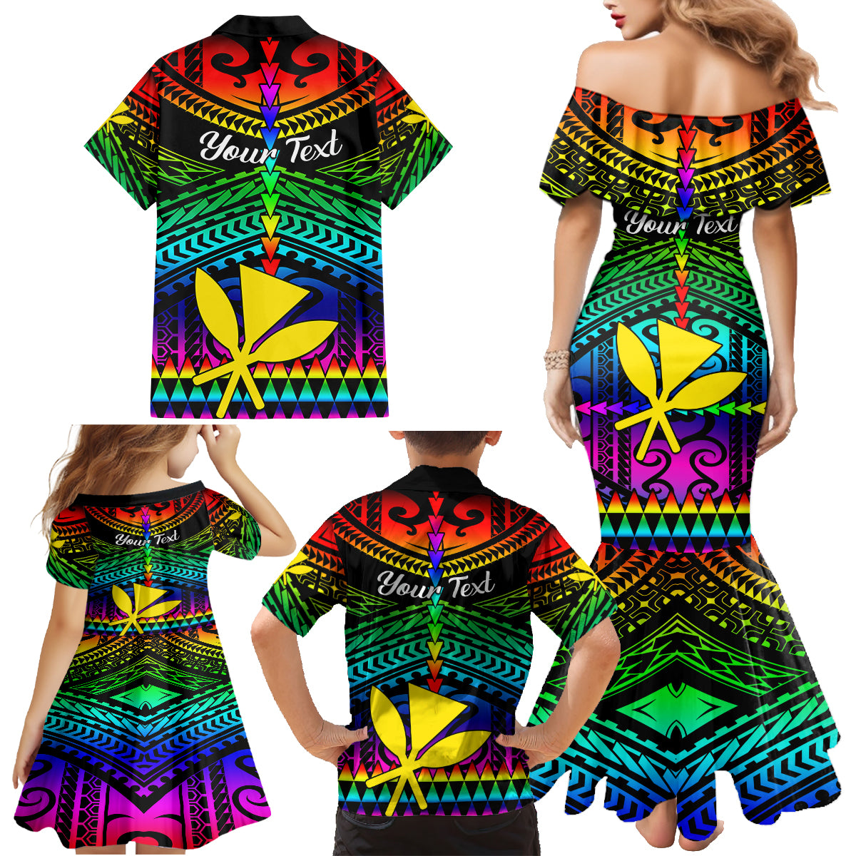Personalised Hawaii Family Matching Mermaid Dress and Hawaiian Shirt Kanaka Maoli Kakau 2023 National Coming Out Day - Wonder Print Shop