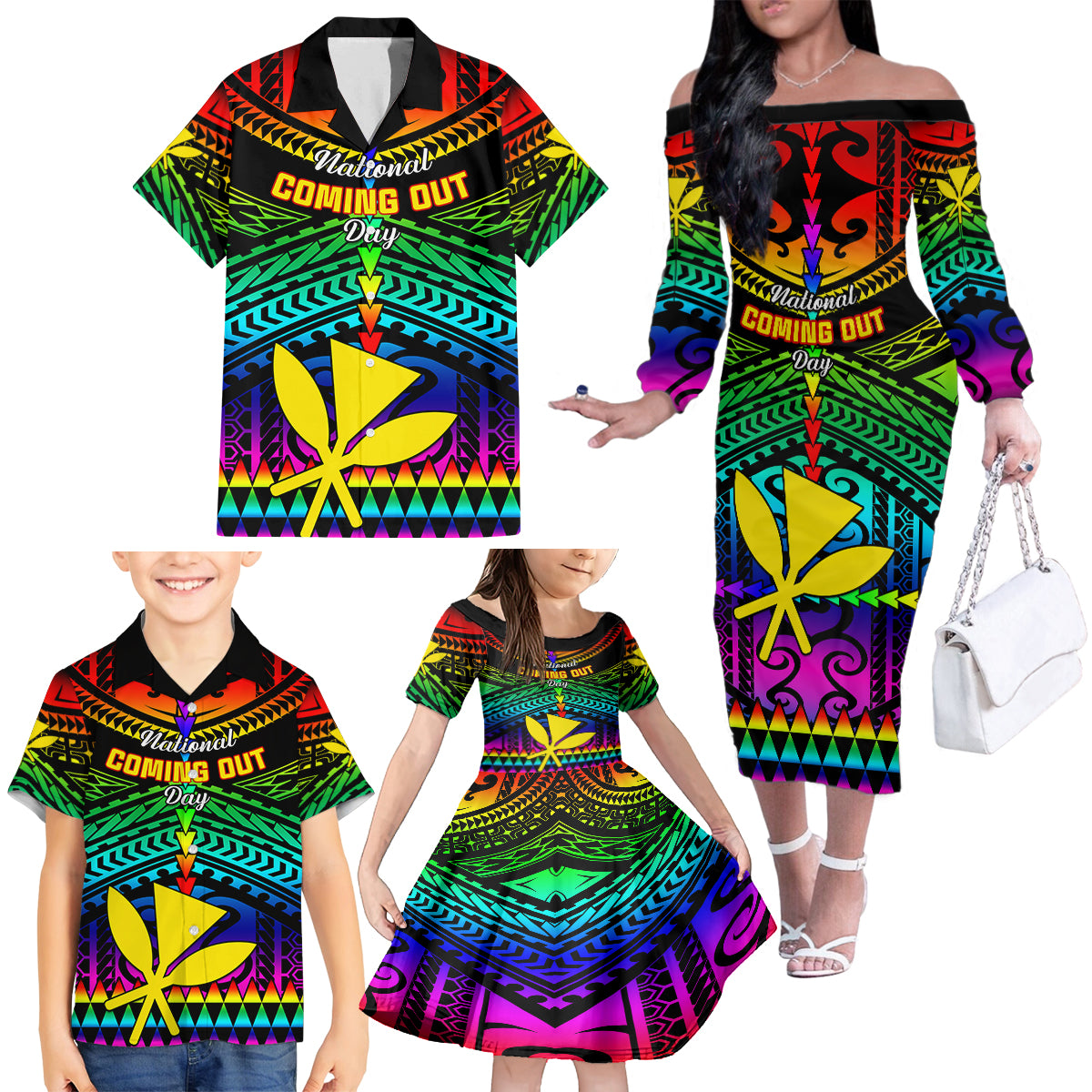 Personalised Hawaii Family Matching Off Shoulder Long Sleeve Dress and Hawaiian Shirt Kanaka Maoli Kakau 2023 National Coming Out Day - Wonder Print Shop