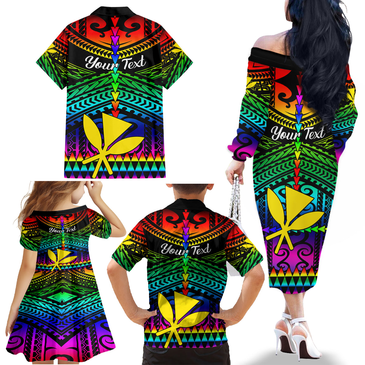 Personalised Hawaii Family Matching Off Shoulder Long Sleeve Dress and Hawaiian Shirt Kanaka Maoli Kakau 2023 National Coming Out Day - Wonder Print Shop
