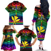 Personalised Hawaii Family Matching Off Shoulder Long Sleeve Dress and Hawaiian Shirt Kanaka Maoli Kakau 2023 National Coming Out Day - Wonder Print Shop