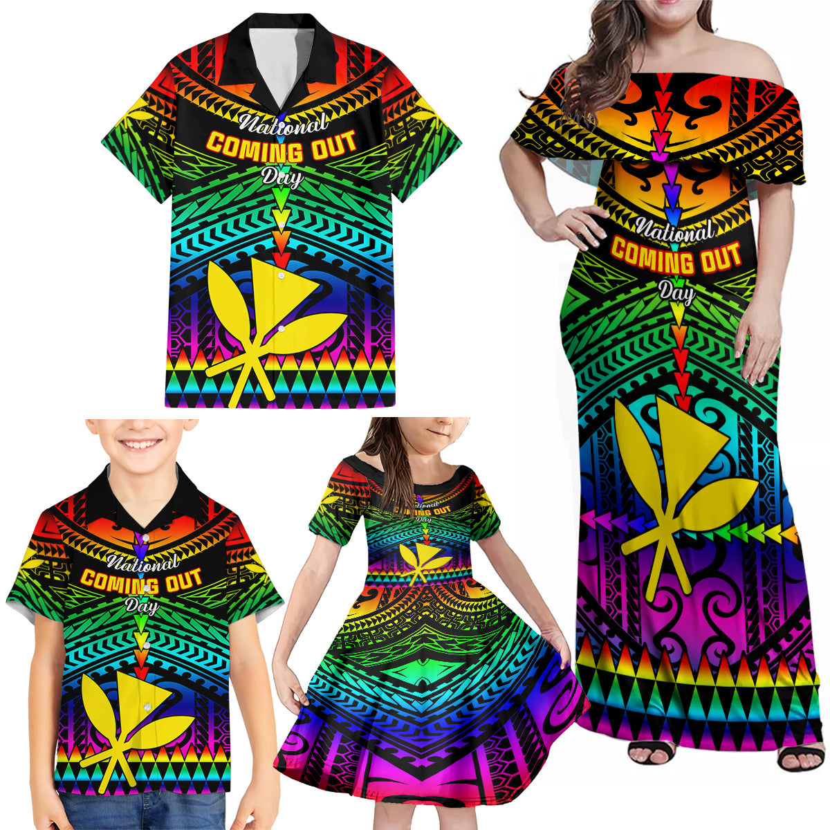 Personalised Hawaii Family Matching Off Shoulder Maxi Dress and Hawaiian Shirt Kanaka Maoli Kakau 2023 National Coming Out Day - Wonder Print Shop