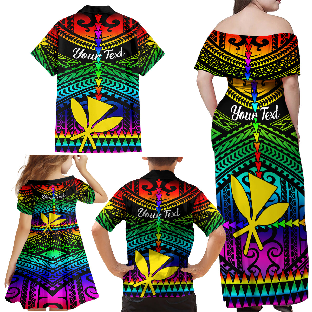 Personalised Hawaii Family Matching Off Shoulder Maxi Dress and Hawaiian Shirt Kanaka Maoli Kakau 2023 National Coming Out Day - Wonder Print Shop