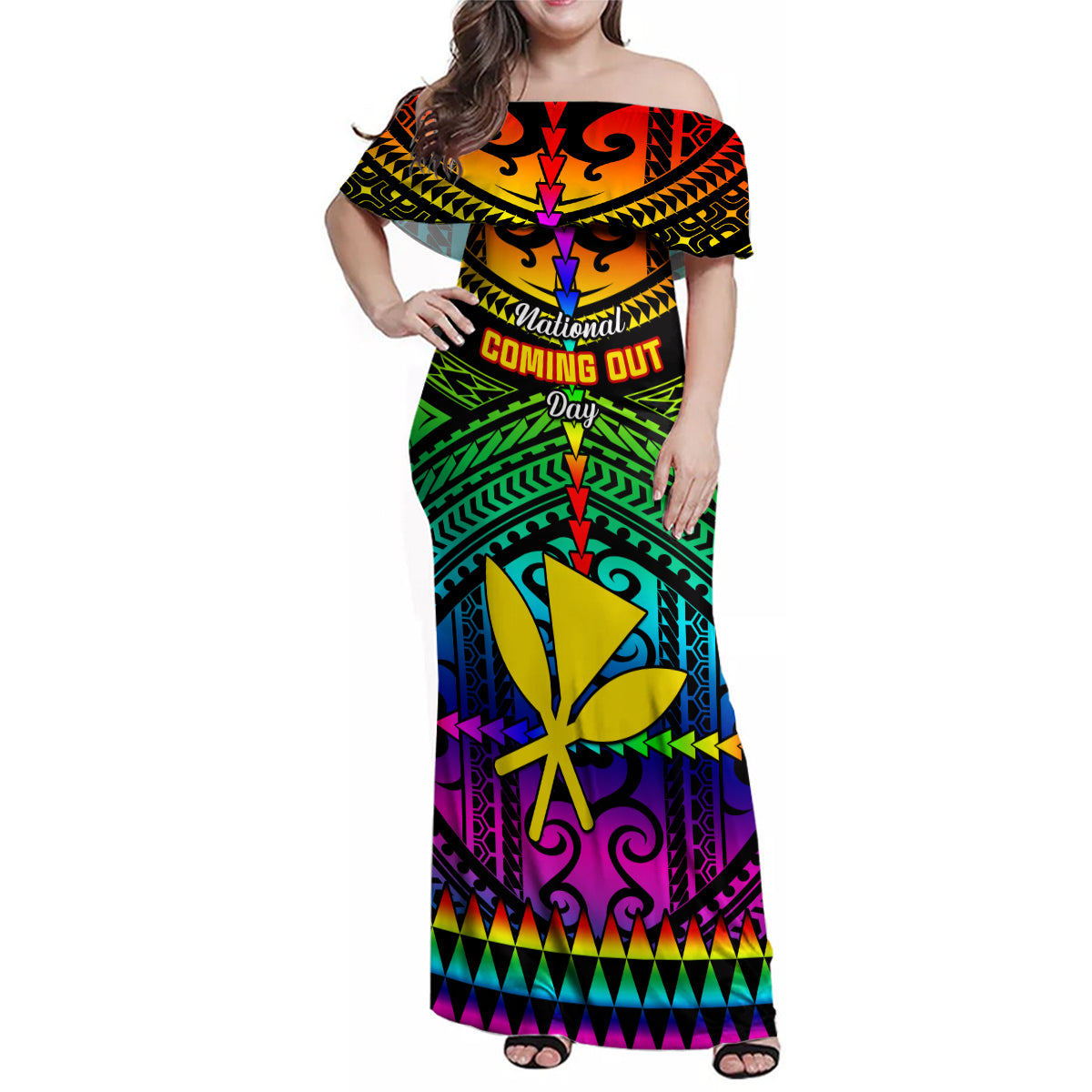 Personalised Hawaii Family Matching Off Shoulder Maxi Dress and Hawaiian Shirt Kanaka Maoli Kakau 2023 National Coming Out Day - Wonder Print Shop