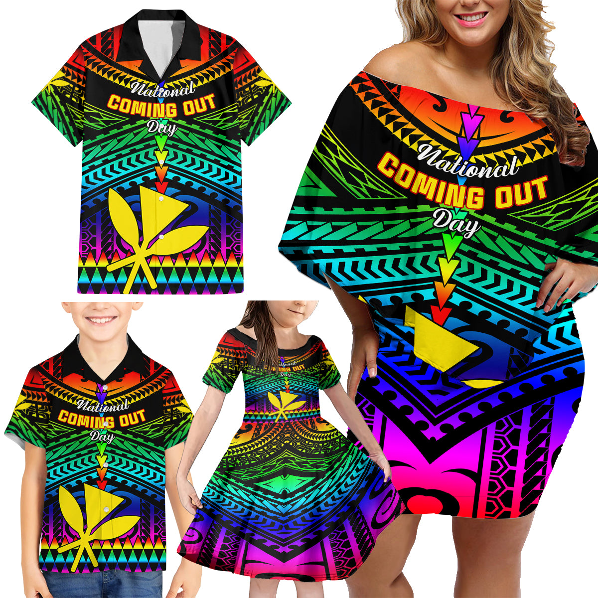 Personalised Hawaii Family Matching Off Shoulder Short Dress and Hawaiian Shirt Kanaka Maoli Kakau 2023 National Coming Out Day - Wonder Print Shop