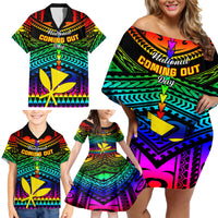 Personalised Hawaii Family Matching Off Shoulder Short Dress and Hawaiian Shirt Kanaka Maoli Kakau 2023 National Coming Out Day - Wonder Print Shop