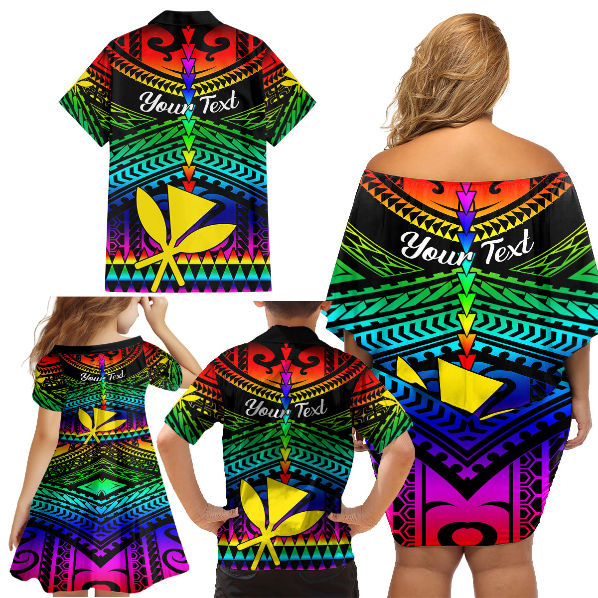Personalised Hawaii Family Matching Off Shoulder Short Dress and Hawaiian Shirt Kanaka Maoli Kakau 2023 National Coming Out Day - Wonder Print Shop