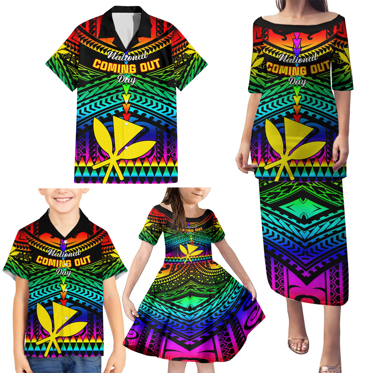 Personalised Hawaii Family Matching Puletasi Dress and Hawaiian Shirt Kanaka Maoli Kakau 2023 National Coming Out Day - Wonder Print Shop