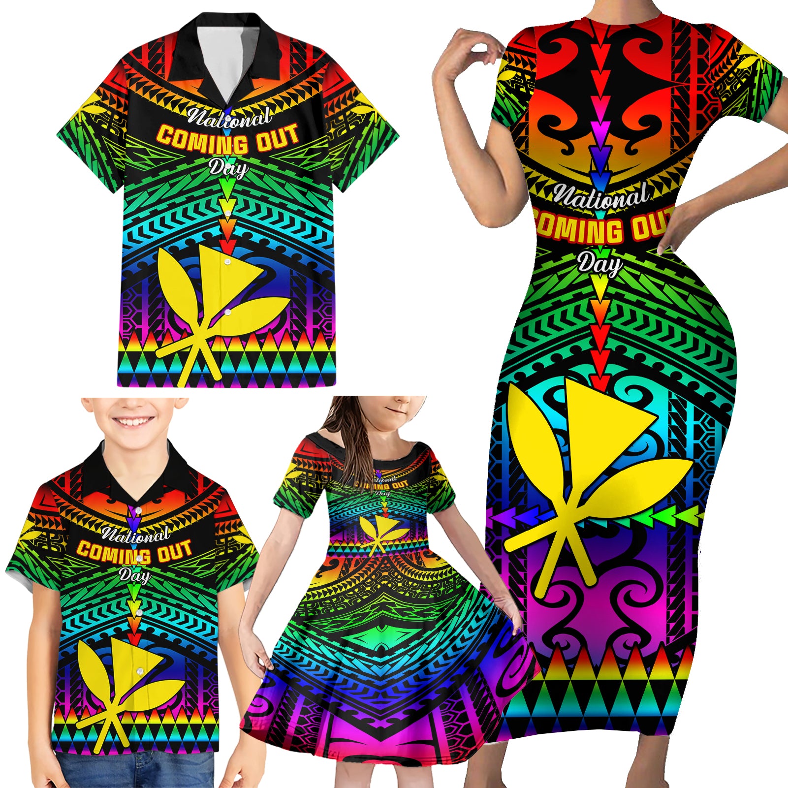 Personalised Hawaii Family Matching Short Sleeve Bodycon Dress and Hawaiian Shirt Kanaka Maoli Kakau 2023 National Coming Out Day - Wonder Print Shop