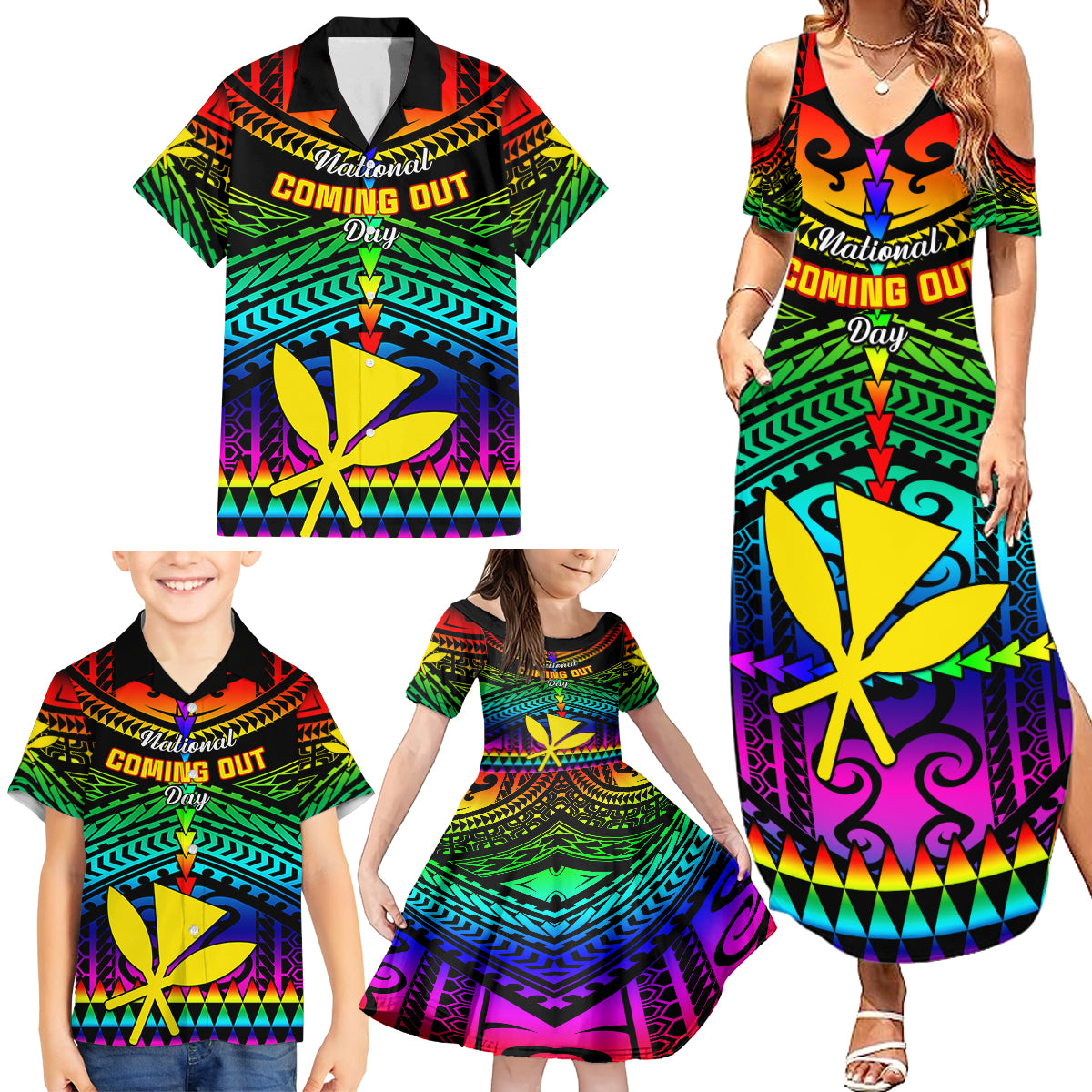 Personalised Hawaii Family Matching Summer Maxi Dress and Hawaiian Shirt Kanaka Maoli Kakau 2023 National Coming Out Day - Wonder Print Shop