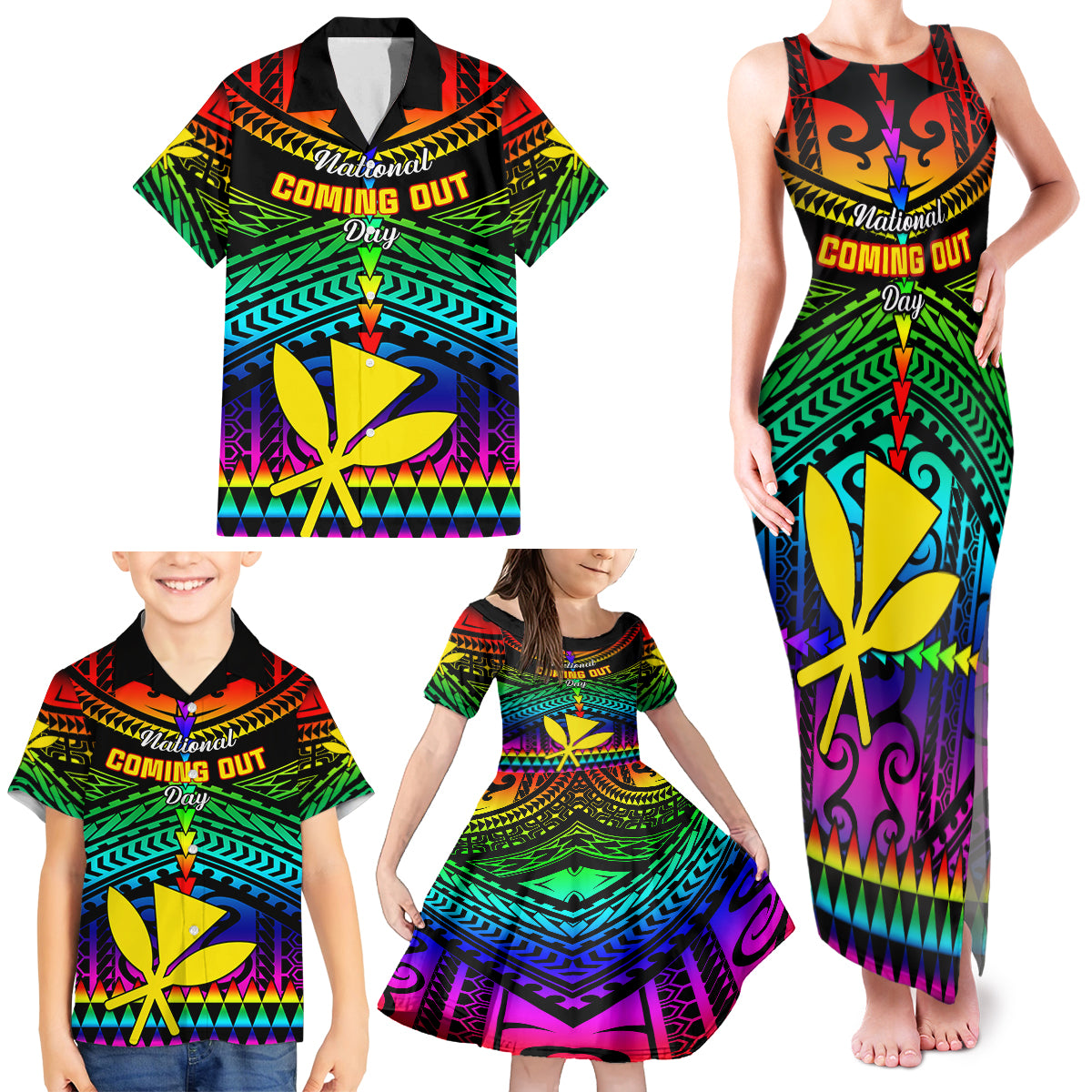 Personalised Hawaii Family Matching Tank Maxi Dress and Hawaiian Shirt Kanaka Maoli Kakau 2023 National Coming Out Day - Wonder Print Shop