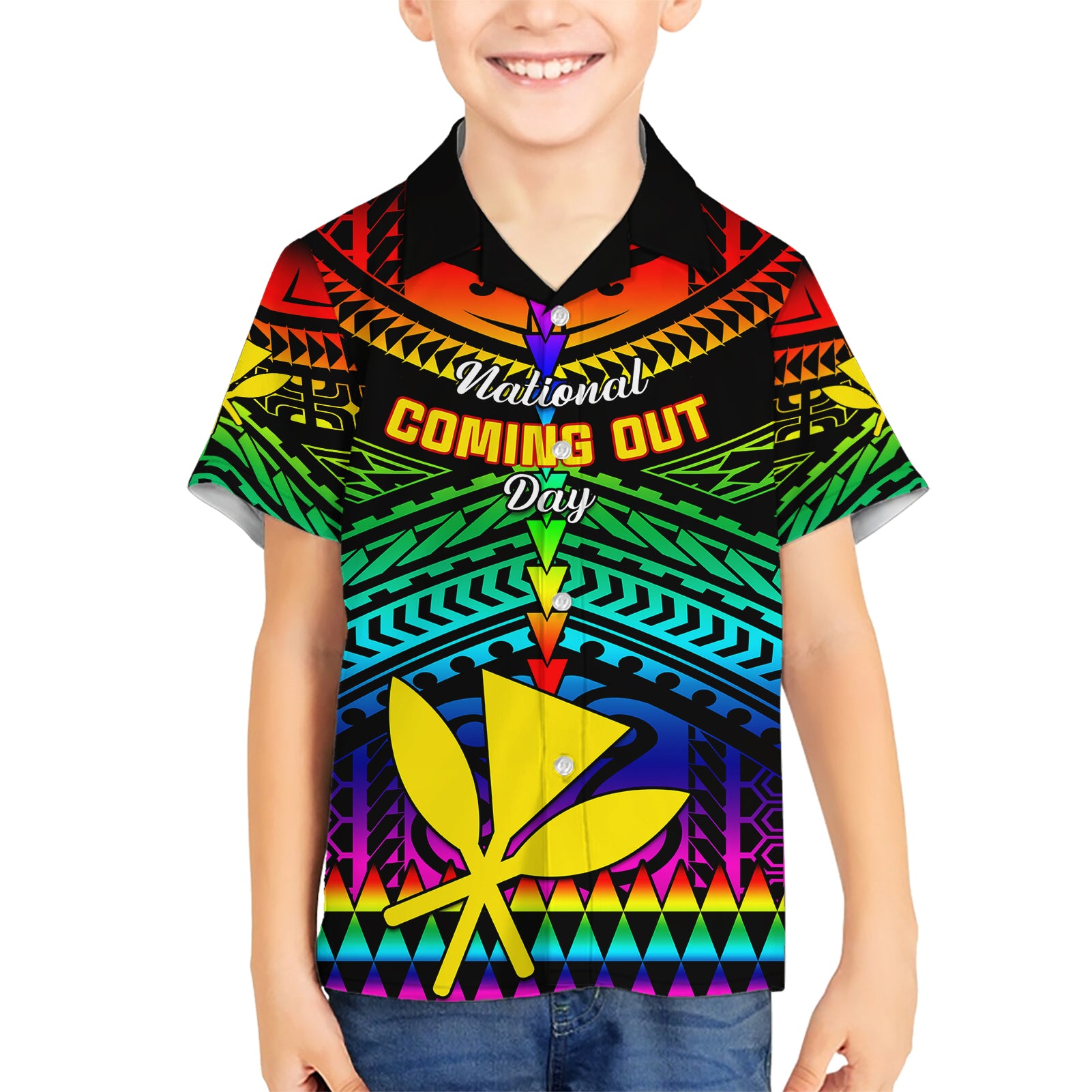 Personalised Hawaii Kid Hawaiian Shirt Kanaka Maoli Kakau 2023 National Coming Out Day - Wonder Print Shop