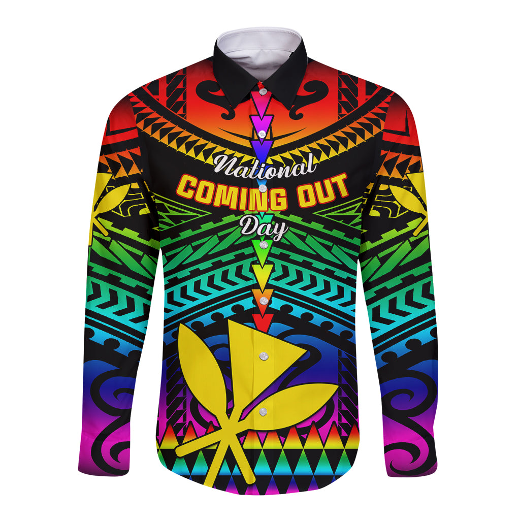 Personalised Hawaii Long Sleeve Button Shirt Kanaka Maoli Kakau 2023 National Coming Out Day - Wonder Print Shop