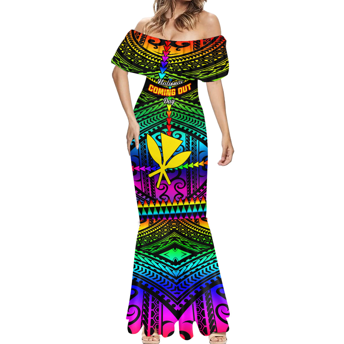 Personalised Hawaii Mermaid Dress Kanaka Maoli Kakau 2023 National Coming Out Day - Wonder Print Shop