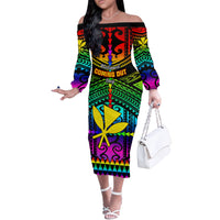 Personalised Hawaii Off The Shoulder Long Sleeve Dress Kanaka Maoli Kakau 2023 National Coming Out Day - Wonder Print Shop