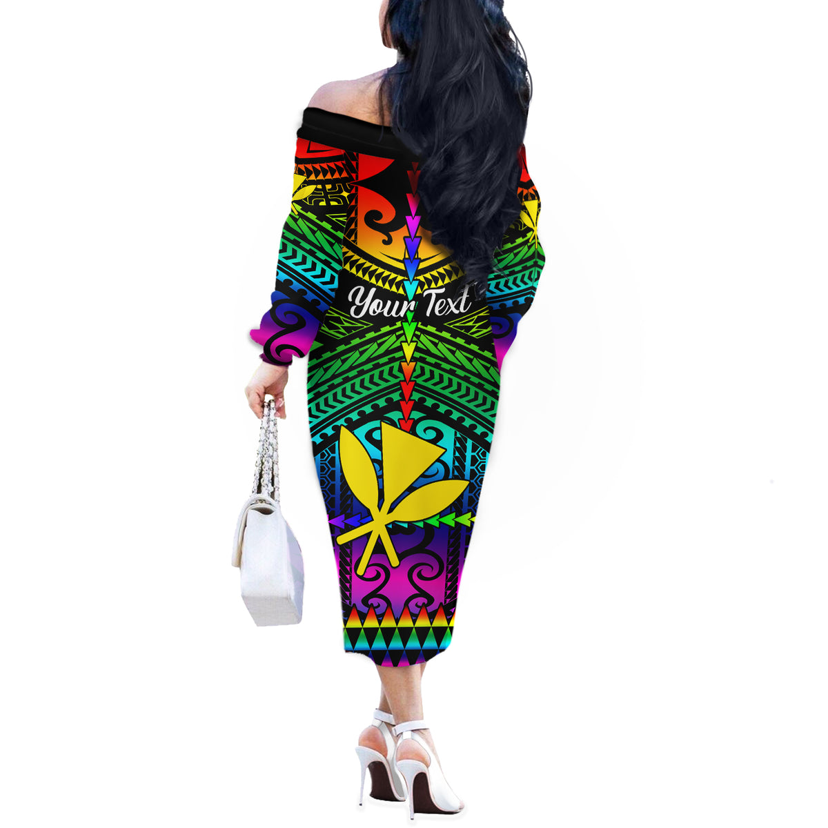 Personalised Hawaii Off The Shoulder Long Sleeve Dress Kanaka Maoli Kakau 2023 National Coming Out Day - Wonder Print Shop
