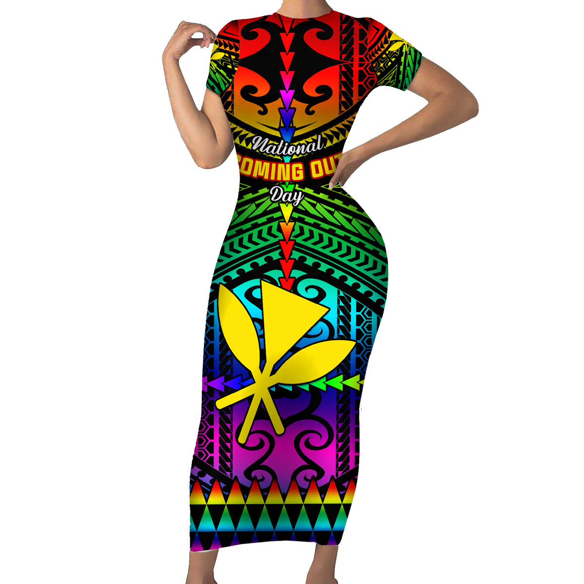 Personalised Hawaii Short Sleeve Bodycon Dress Kanaka Maoli Kakau 2023 National Coming Out Day - Wonder Print Shop