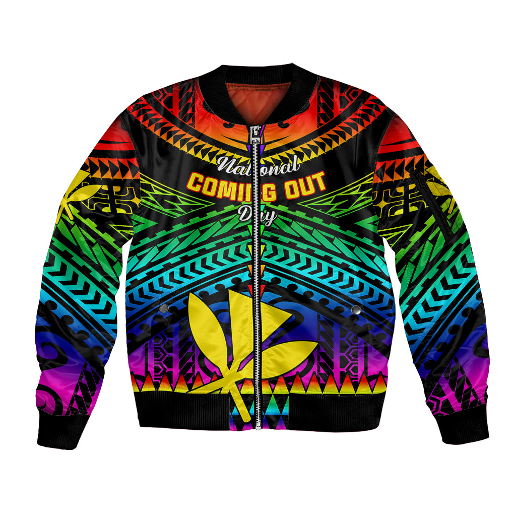 Personalised Hawaii Sleeve Zip Bomber Jacket Kanaka Maoli Kakau 2023 National Coming Out Day - Wonder Print Shop