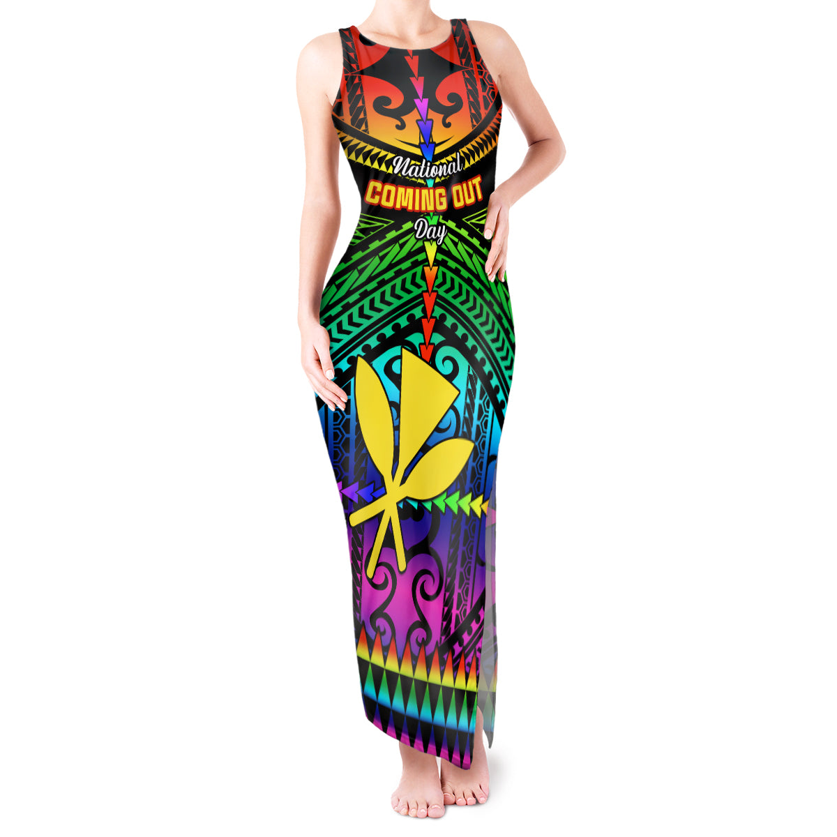 Personalised Hawaii Tank Maxi Dress Kanaka Maoli Kakau 2023 National Coming Out Day - Wonder Print Shop