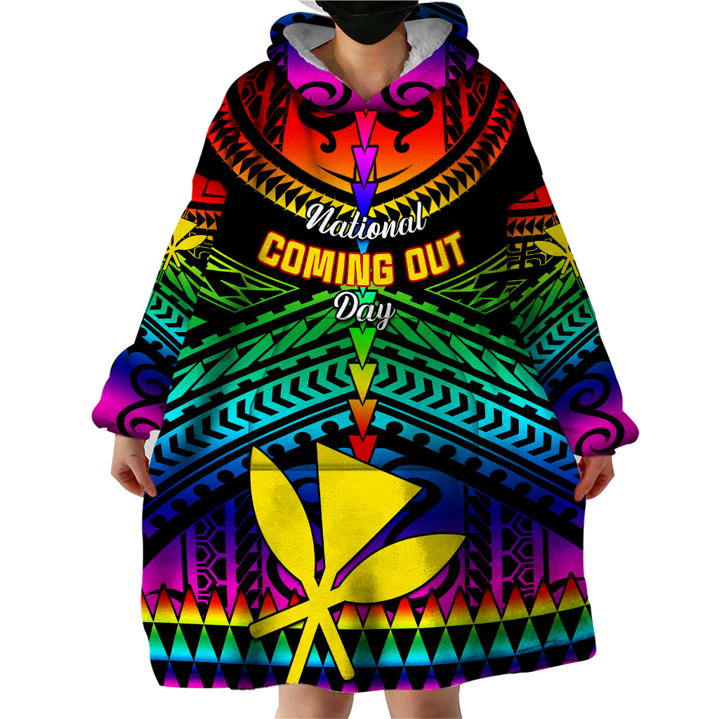 Personalised Hawaii Wearable Blanket Hoodie Kanaka Maoli Kakau 2023 National Coming Out Day - Wonder Print Shop