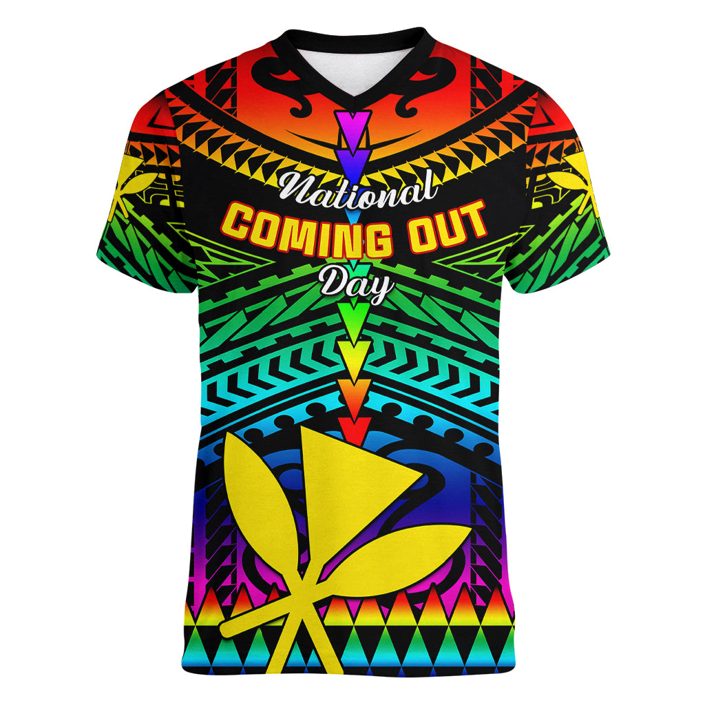Personalised Hawaii Women V Neck T Shirt Kanaka Maoli Kakau 2023 National Coming Out Day - Wonder Print Shop