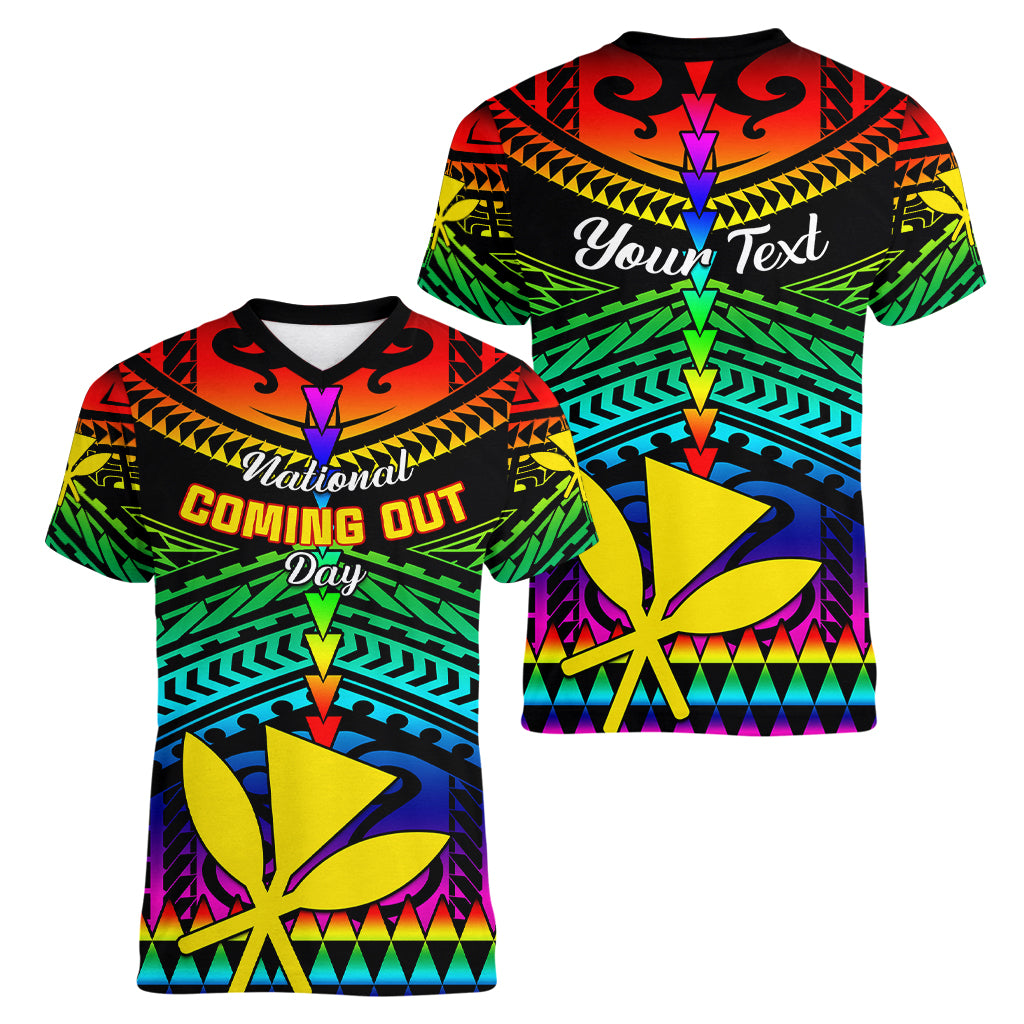 Personalised Hawaii Women V Neck T Shirt Kanaka Maoli Kakau 2023 National Coming Out Day - Wonder Print Shop