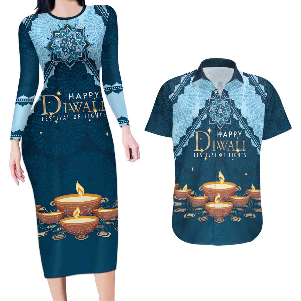 Personalized Diwali Couples Matching Long Sleeve Bodycon Dress and Hawaiian Shirt Festival of Lights - Wonder Print Shop