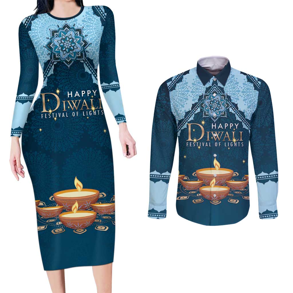 Personalized Diwali Couples Matching Long Sleeve Bodycon Dress and Long Sleeve Button Shirt Festival of Lights - Wonder Print Shop