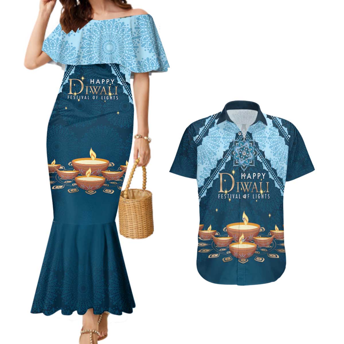 Personalized Diwali Couples Matching Mermaid Dress and Hawaiian Shirt Festival of Lights - Wonder Print Shop