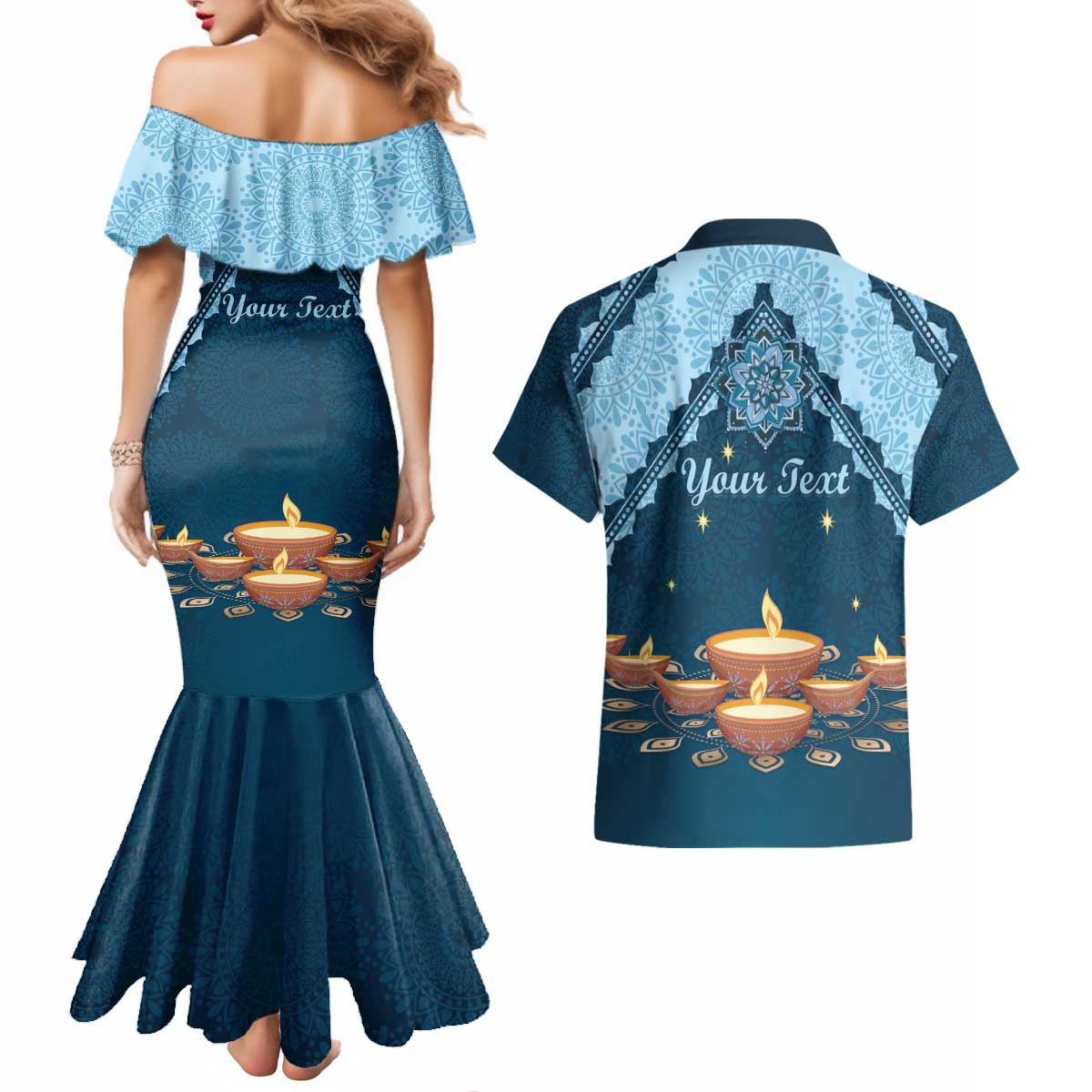 Personalized Diwali Couples Matching Mermaid Dress and Hawaiian Shirt Festival of Lights - Wonder Print Shop