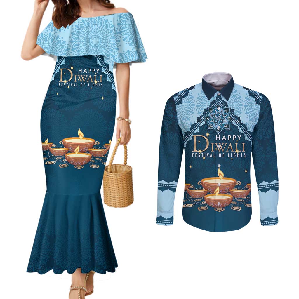 Personalized Diwali Couples Matching Mermaid Dress and Long Sleeve Button Shirt Festival of Lights