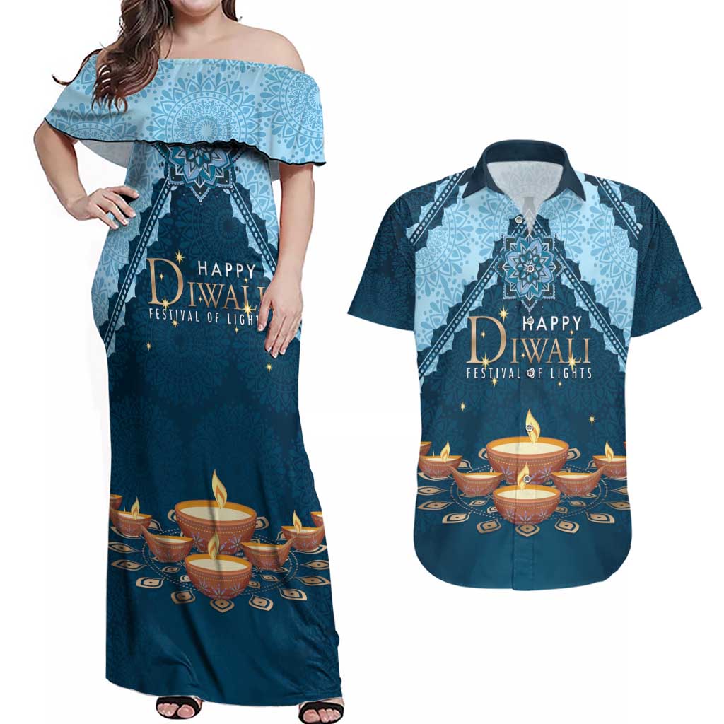 Personalized Diwali Couples Matching Off Shoulder Maxi Dress and Hawaiian Shirt Festival of Lights - Wonder Print Shop