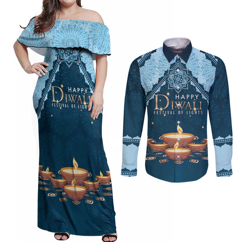 Personalized Diwali Couples Matching Off Shoulder Maxi Dress and Long Sleeve Button Shirt Festival of Lights - Wonder Print Shop