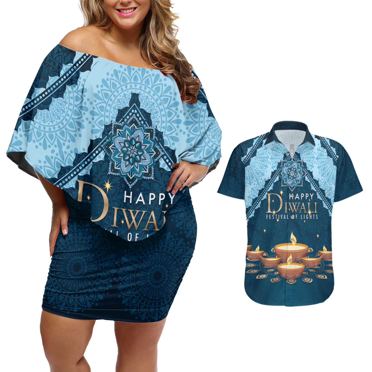 Personalized Diwali Couples Matching Off Shoulder Short Dress and Hawaiian Shirt Festival of Lights - Wonder Print Shop