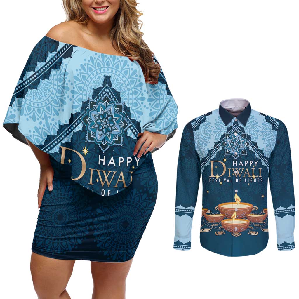 Personalized Diwali Couples Matching Off Shoulder Short Dress and Long Sleeve Button Shirt Festival of Lights - Wonder Print Shop