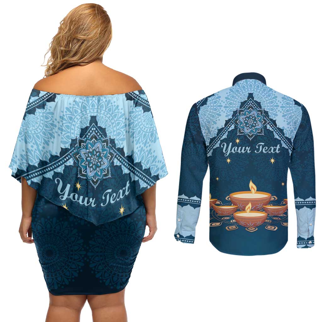 Personalized Diwali Couples Matching Off Shoulder Short Dress and Long Sleeve Button Shirt Festival of Lights - Wonder Print Shop