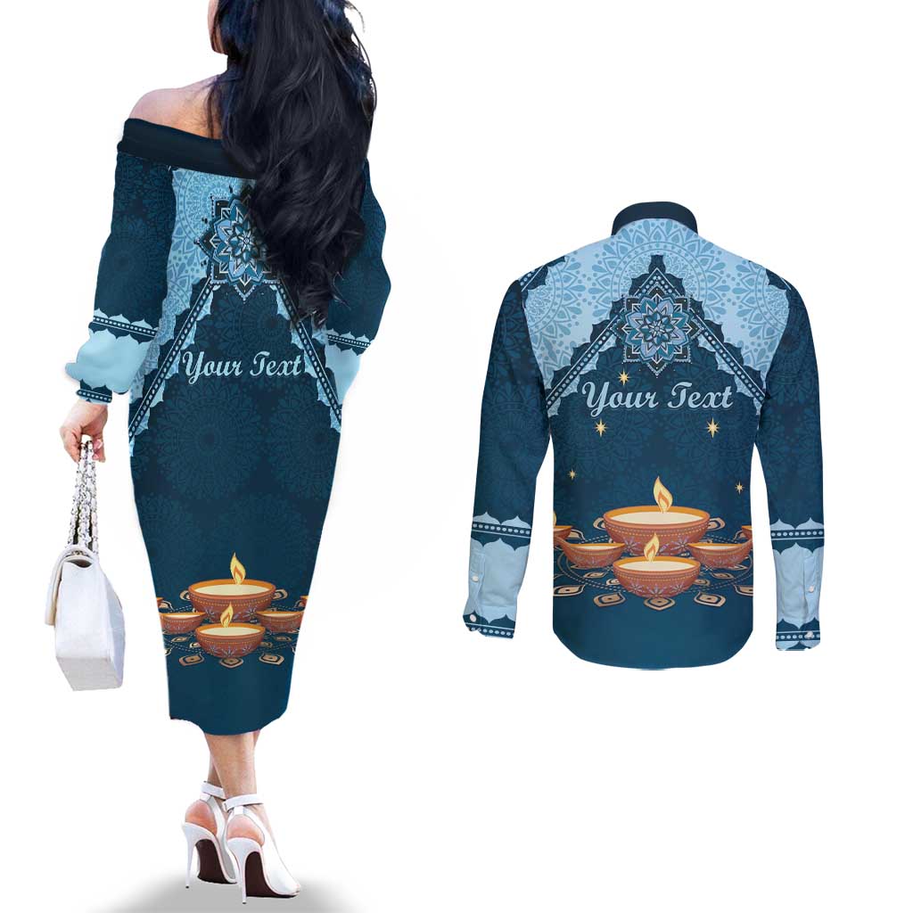 Personalized Diwali Couples Matching Off The Shoulder Long Sleeve Dress and Long Sleeve Button Shirt Festival of Lights