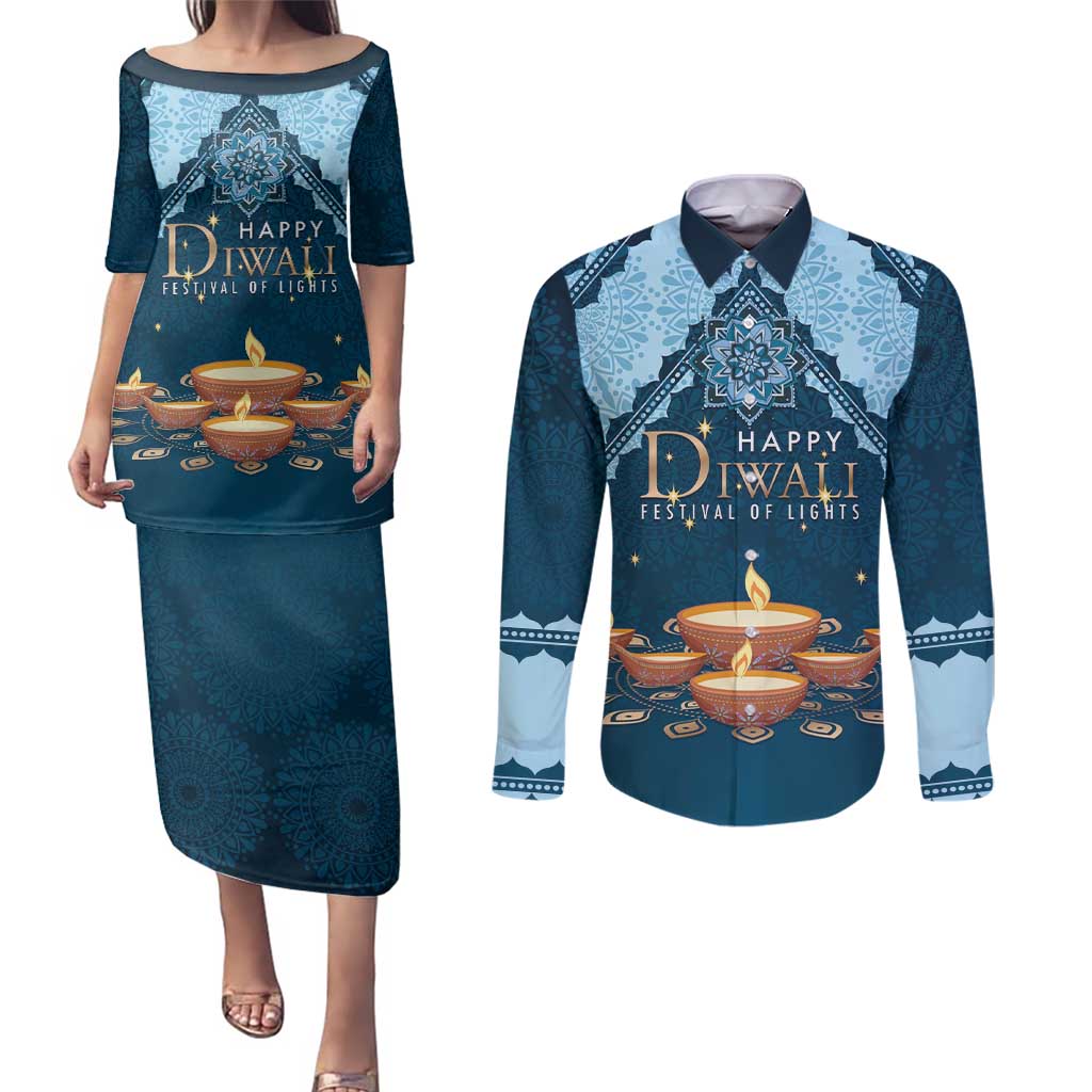 Personalized Diwali Couples Matching Puletasi and Long Sleeve Button Shirt Festival of Lights - Wonder Print Shop