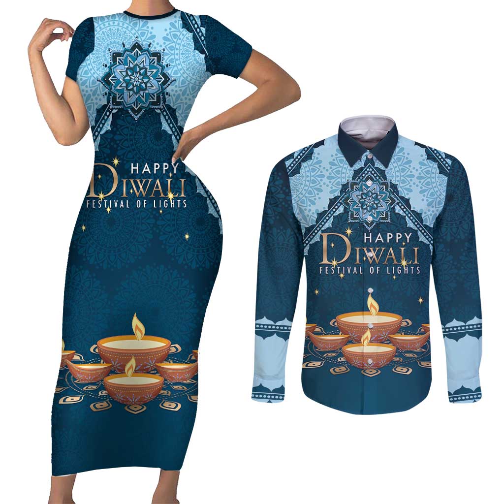 Personalized Diwali Couples Matching Short Sleeve Bodycon Dress and Long Sleeve Button Shirt Festival of Lights - Wonder Print Shop