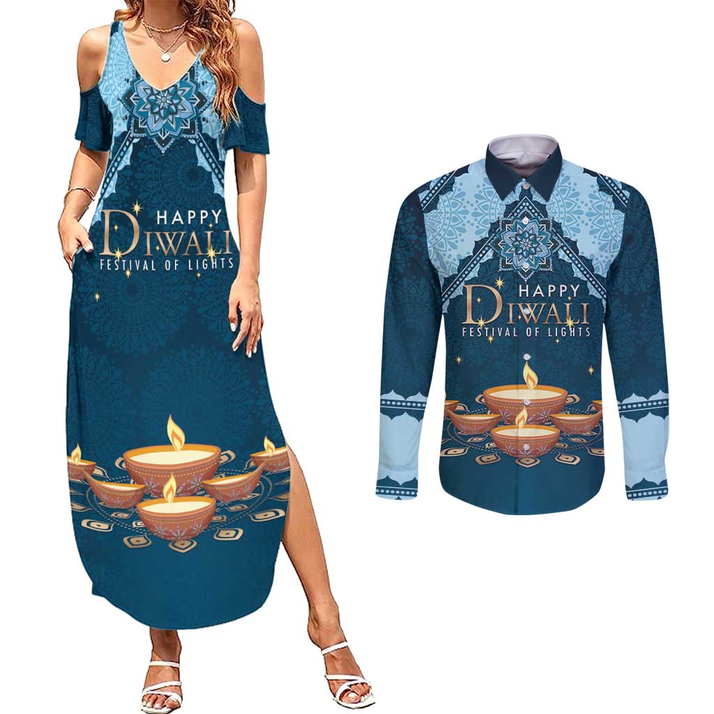 Personalized Diwali Couples Matching Summer Maxi Dress and Long Sleeve Button Shirt Festival of Lights - Wonder Print Shop