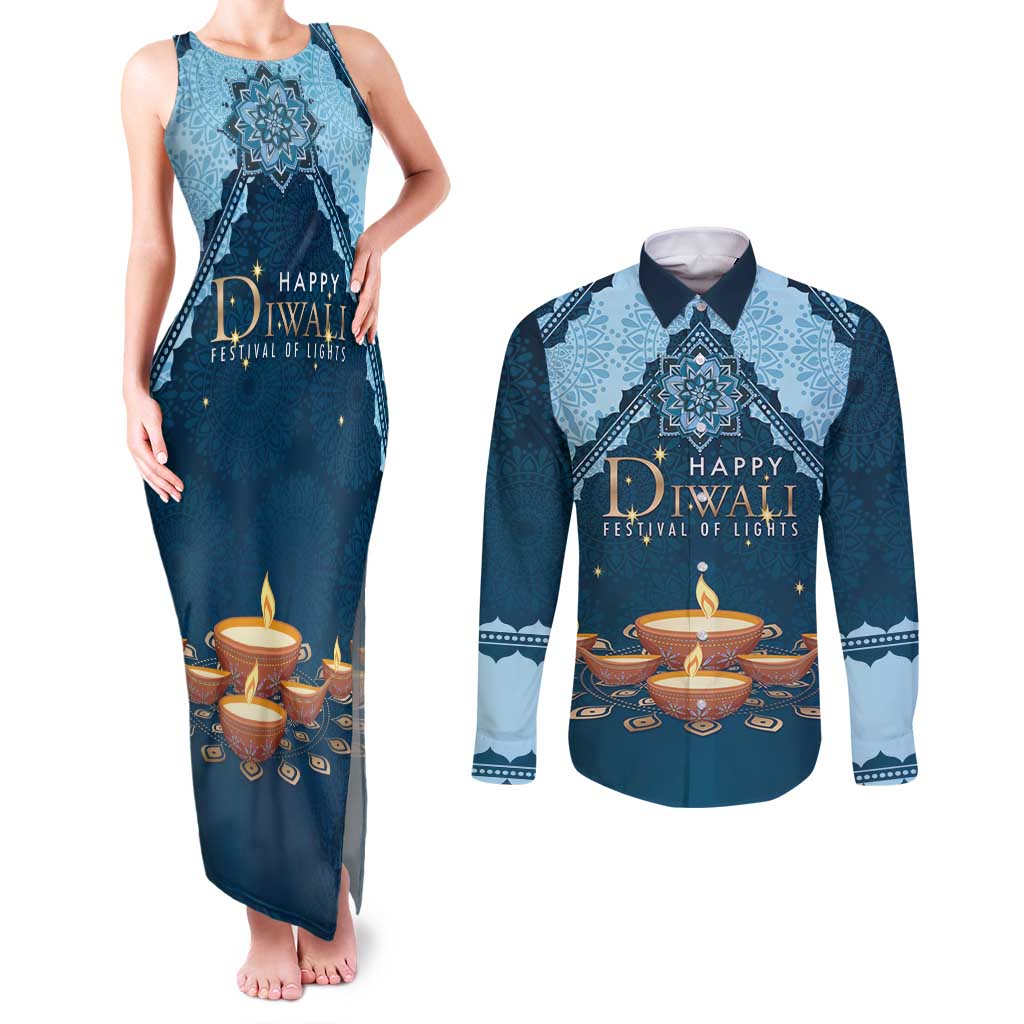 Personalized Diwali Couples Matching Tank Maxi Dress and Long Sleeve Button Shirt Festival of Lights - Wonder Print Shop