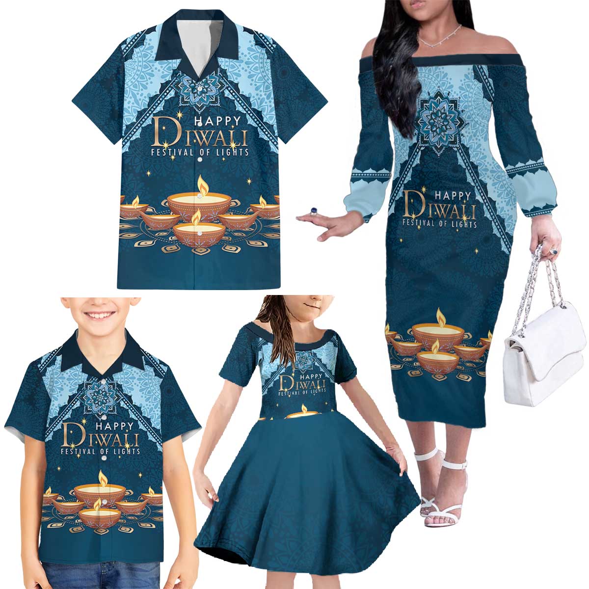 Personalized Diwali Family Matching Off The Shoulder Long Sleeve Dress and Hawaiian Shirt Festival of Lights - Wonder Print Shop