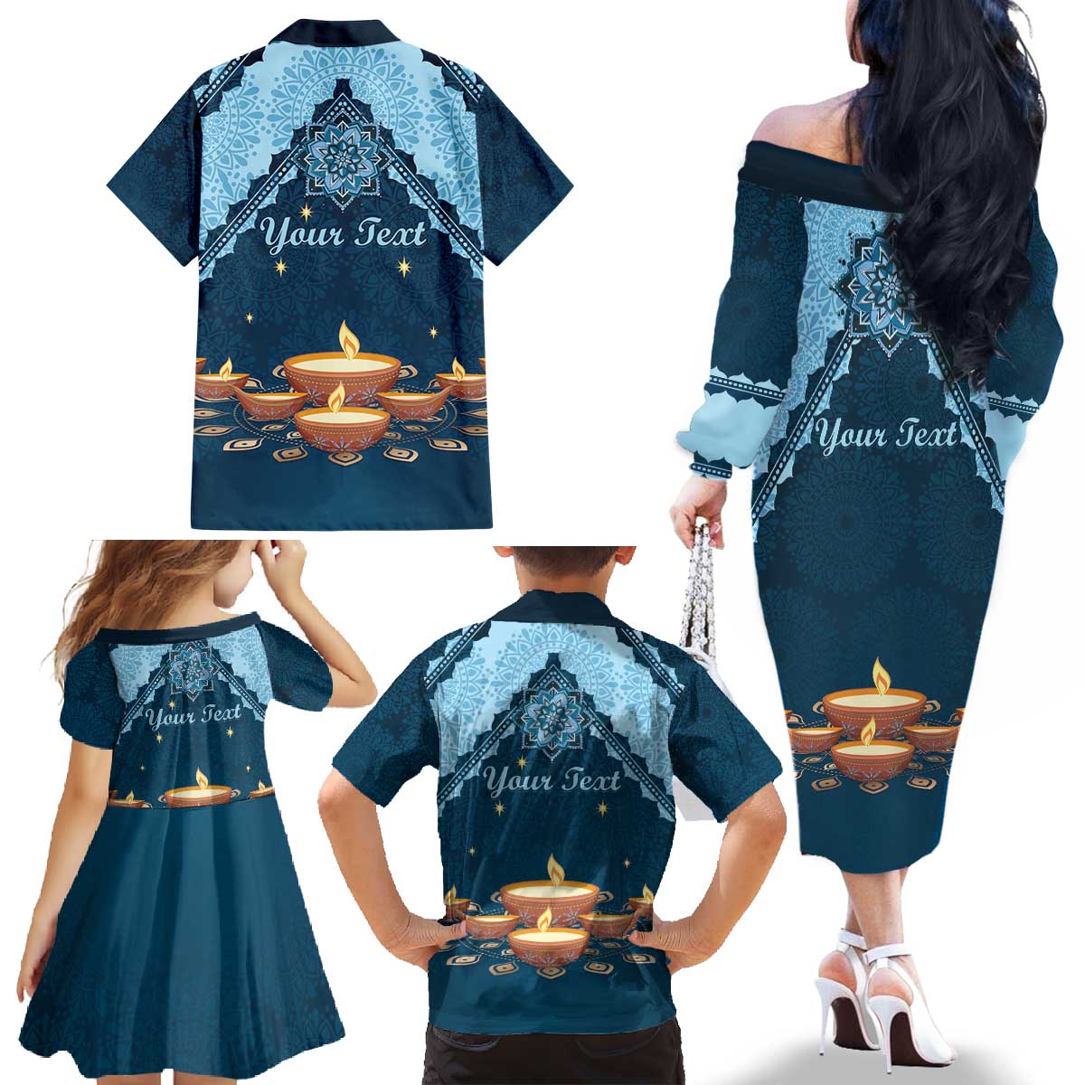 Personalized Diwali Family Matching Off The Shoulder Long Sleeve Dress and Hawaiian Shirt Festival of Lights - Wonder Print Shop