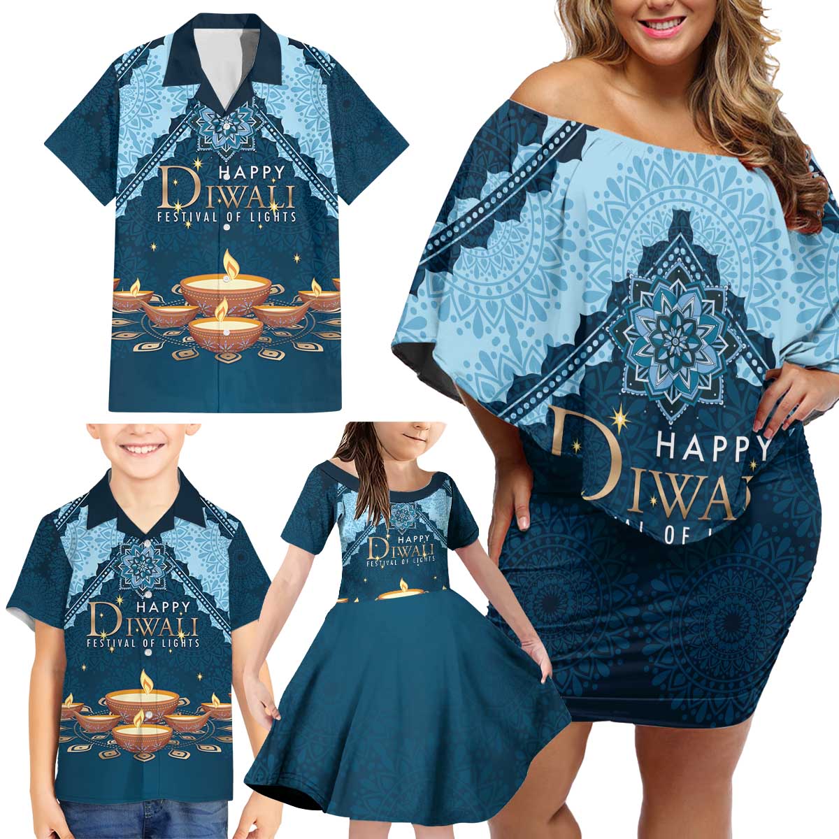 Personalized Diwali Family Matching Off Shoulder Short Dress and Hawaiian Shirt Festival of Lights - Wonder Print Shop