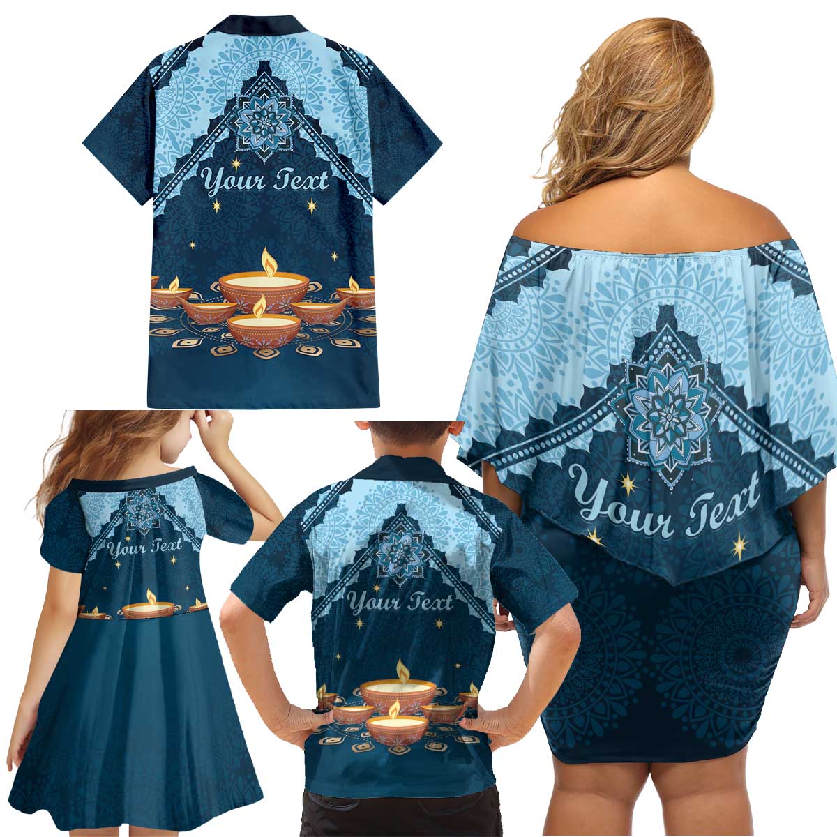 Personalized Diwali Family Matching Off Shoulder Short Dress and Hawaiian Shirt Festival of Lights - Wonder Print Shop