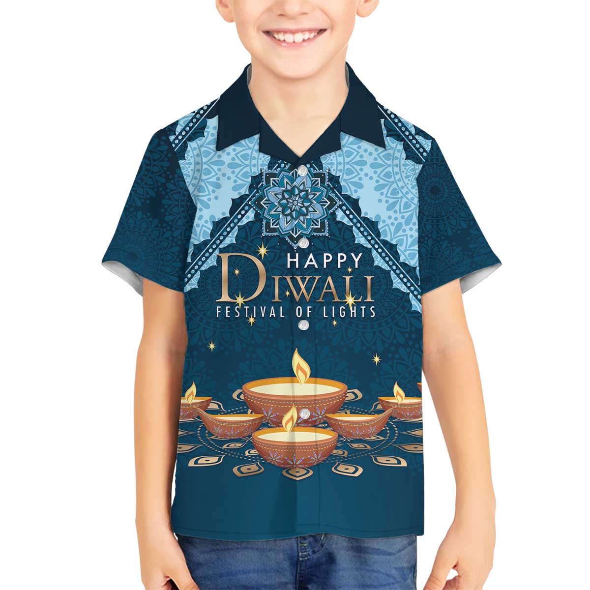 Personalized Diwali Family Matching Off Shoulder Short Dress and Hawaiian Shirt Festival of Lights - Wonder Print Shop
