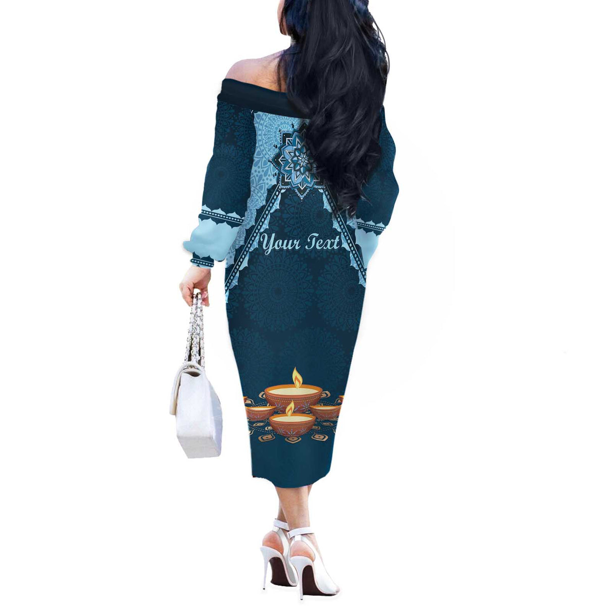 Personalized Diwali Off The Shoulder Long Sleeve Dress Festival of Lights - Wonder Print Shop