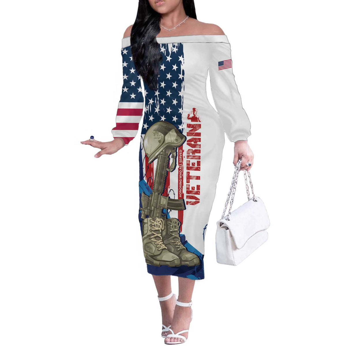 Happy Veterans Day Off The Shoulder Long Sleeve Dress Honoring All Who Served - Wonder Print Shop