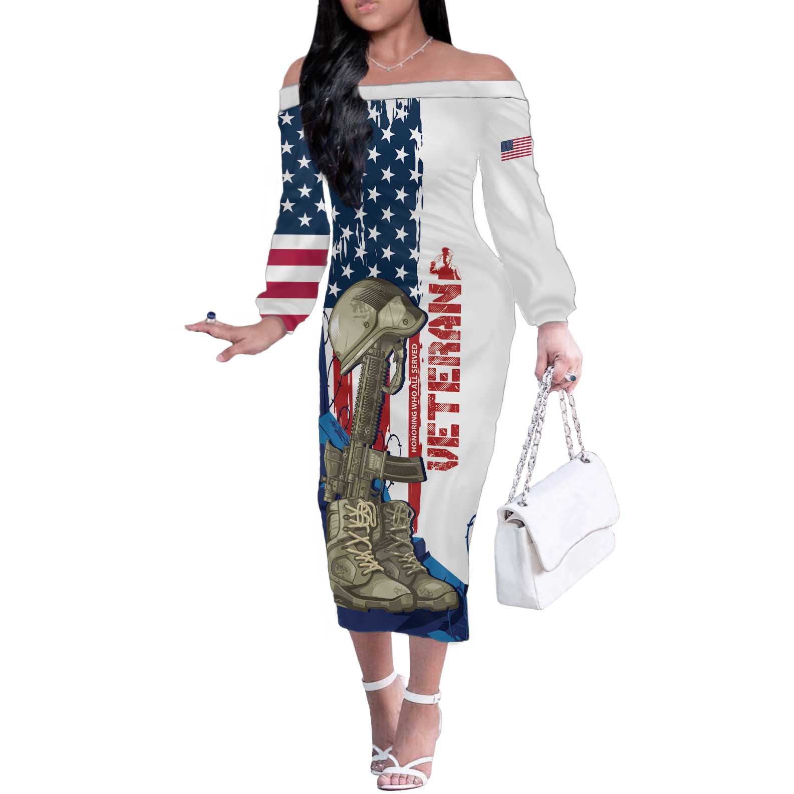 Happy Veterans Day Off The Shoulder Long Sleeve Dress Honoring All Who Served - Wonder Print Shop